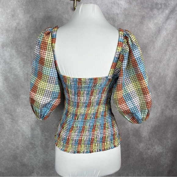 GANNI Smocked Check Puff Sleeve Top In Multi Women's Size 34 US 2 - Picture 9 of 11